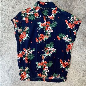 Zara Navy Floral Print Button Down Top - Small